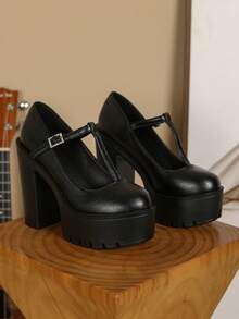 女士黑色粗跟高跟鞋，欧美时尚，黑白休闲粗跟鞋 - 黑色 - 查看 3