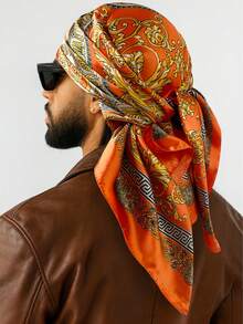 1条90厘米宽黑色金巴洛克印花缎面方巾，大号头巾，适合嘻哈、街头服饰，是生日、节日、派对、旅行、街头时尚的理想礼物 - 彩色 - 查看 8