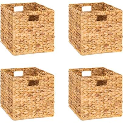 Water Hyacinth Storage Baskets, Collapsible Square Wicker Baskets Cube Storage Bins Set Of 2/4