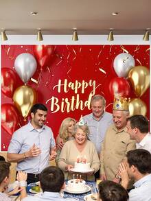 1 Stück rote und goldene "Alles Gute zum Geburtstag" Fotografie Hintergründe mit Glitzersternen, Luftballons, goldenem Band, Party Banner 150 x 100 cm / 210 x 150 cm / 270 x 180 cm Foto Hintergrund für Innen- und Außenbereich, Babyparty Dekoration