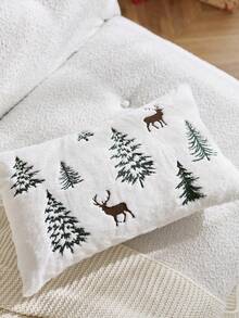 1 pieza Funda de almohada decorativa bordada con reno y árbol de Navidad, adecuada para decoración interior, funda de almohada navideña, sin incluir el relleno de la almohada