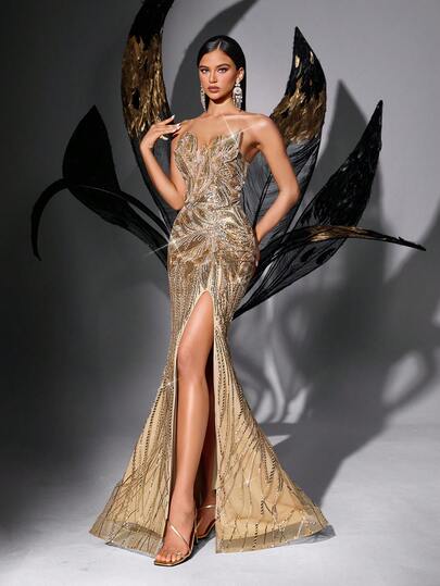 Chic Gorgeous Sequins Upscale Evening Gown Beads Party Formal Dress For Prom, Birthday Party, Cocktail, High Society Dinners, Galas, Red Carpet Solid Color Backless Sleeveless High Slit Maxi Dresses Wedding Spring