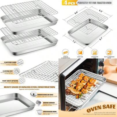 Small Stainless Steel Baking Sheet With Rack Set Efar 9.4x7.3 Cookie Sheet Broiling Pan For Toaster Oven Rimmed Metal Tray With Wire Rack For Cooking/Baking/Cooling  Dishwasher