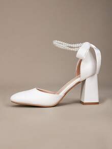 Giày cưới thời trang xuân/thu dành cho nữ, giày cao gót đế dày bằng da mềm đính nơ ngọc trai màu trắng, giày dự tiệc sang trọng - trắng - Xem 7