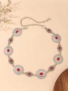 سلسلة خصر معدنية بنمط زهري بيضاوي مزيف باللون الفضي، حزام خصر متعدد الاستخدامات، ديكور للفساتين والبناطيل وفساتين الشاطئ البوهيمية، إكسسوار خصر أساسي