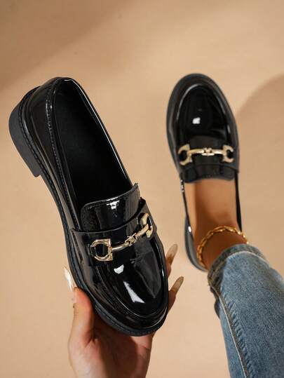 女士多功能休闲蝴蝶结装饰乐福鞋平底，镜面材质，复古优雅英伦风，舒适柔软牛津鞋，黑色、白色、棕色光泽，2025年春夏秋冬新款