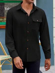 Mens Corduroy Button Down Jacket Casual Long Sleeve Shirts Ribbed Lightweight Shacket Jacket With Flap Pockethalloween - 棕色 - 查看 6