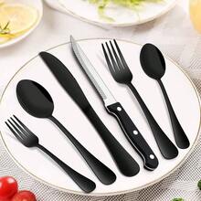 - Juego de cubiertos negros de 48 piezas - Utensilios de cubiertos de acero inoxidable con cuchillo para carne - Cubiertos de plata pulidos con espejo con cuchara/tenedor para comer - Negro Plata 48 - Ver 3