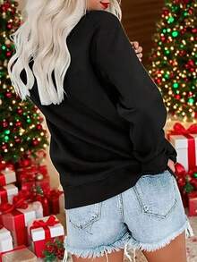 Sudadera de Navidad negra para mujer con estampado "Querido Papá Noel, solo trae vino" - Diseño festivo para vacaciones, manga larga, cuello redondo, estilo casual, perfecto para otoño e invierno, suéter de Navidad - Oscuro - Ver 2