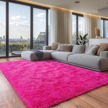 Tapis rond moderne à poils longs et doux, antidérapant, pour salon, chambre, chambre d'enfant, disponible en beige, blanc, gris foncé, gris clair, noir, vert menthe, vert foncé (vert olive), camel, rose et tie-dye arc-en-ciel, différentes tailles (120x160cm, 140x200cm, 160x230cm, 200x300cm, 240x340cm) - Rose vif - Voir 1