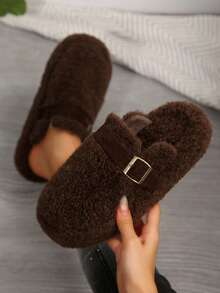女式冬季毛绒内衬圆头一脚蹬休闲平底鞋，时尚百搭舒适软底乐福鞋 - 咖啡棕 - 查看 1