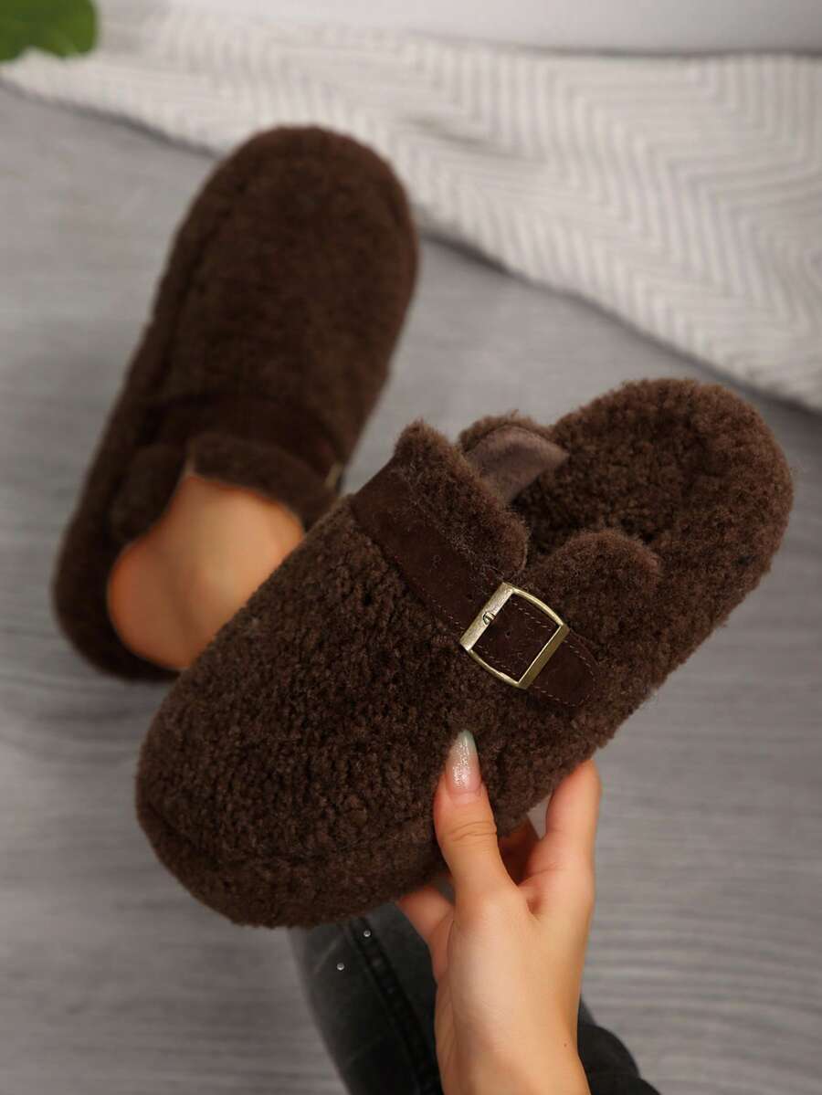 女式冬季毛绒内衬圆头一脚蹬休闲平底鞋，时尚百搭舒适软底乐福鞋 - 咖啡棕 - 查看 1