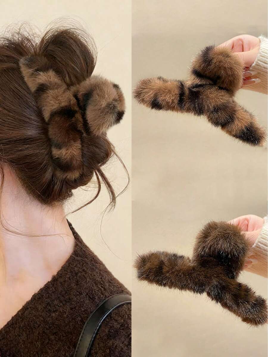 1pc Women 5.11in/13cm Plush Leopard Print Hair Clip, Fashion Versatile High-End Elegant Elegant Solid Color Minimalist Hair Accessory Suitable For Daily Outing, Casual, Party, Commute, Vacation, Gift Fashion Claw Clips Winter Hair Clutch Women Hair Accessories - Multicolor - View 1