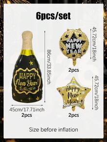 6 件/套 2026 新年快乐黑色和金色铝箔气球，包括酒瓶和星形铝箔气球，适用于 2026 黑色和金色新年派对、除夕装饰、圣诞派对、生日、毕业典礼、拍照道具、节日装饰 - 彩色 - 查看 2