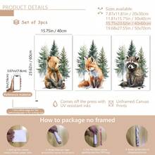 3 buc/set poster pe pânză cu animale din pădure pentru camera copiilor, decor de perete pentru camera copiilor, cadou pentru petrecerea de baby shower, artă pentru camera copiilor, animale din pădure, animale în acuarelă, urs, vulpe, raton, potrivit pentru decorul casei, decorul camerei, decorul dormitorului, decorul camerei de zi, decorul băii, decorul de perete, artă de perete opțională cu ramă