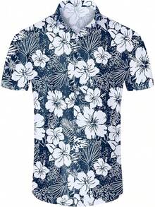 Hawaiian Shirt For Men Summer Casual Beach Button Down Short Sleeve Printed Tropical Vacation Shirtshalloween - Blue Flower - View 11