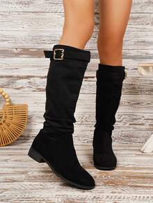 Bốt dài xếp ly vải trơn màu trơn thường ngày cho nữ, size 36-42, màu kaki, gót dày, thích hợp đi làm, dã ngoại, thu/đông, đa năng - Giày bốt đen - Xem 5