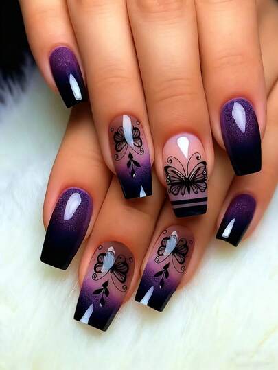 Mejora tu apariencia instantáneamente con 24 uñas postizas en forma de ataúd con estampado elegante de mariposa en degradado de morado y negro. Uñas postizas de cobertura completa para mujeres y niñas que incluyen 1 hoja de pegatinas adhesivas y 1 lima de uñas mini. Aptas para fiestas, citas y uso diario en la oficina. Se envía aleatoriamente con pegamento de gelatina.