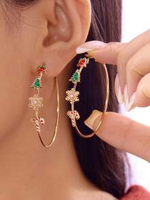 2pcs Christmas Tree, Snowflake & Bell Earrings, Unique & Fun Earrings, New Reindeer Candy Cane Hoop Earrings With Colorful Bells & Tassels, Christmas Gift Earrings, Suitable For Party/Daily And Event Wear