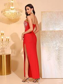 Beaded Decor Strapless High Slit Bandage Dress, Bridesmaid Dress For Parties And Festivals - Red - View 6