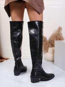 女士过膝靴，柔软尖头粗跟高筒靴，舒适宽筒过膝靴，褶饰靴，皮革宽筒过膝时尚靴 - 黑色 - 查看 4