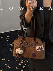 low tea 1 件纯色绒面革女士单肩包，复古时尚休闲单肩包，双手柄和拉链开合，适合日常外出、约会、通勤，配有吊坠 - 棕色 - 查看 8