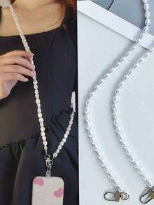 1pc White Bow/Flower/Shiny Circle Decorated Long Pearl Necklace - White - View 3