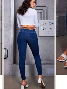 pantalon jeans  para dama mujer skinny stretch tiro alto entubado mezclilla premium buena calidad super orma comodo liso - Azul - Ver 2