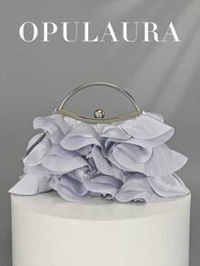 OpulAura 女士优雅迷人花瓣宴会手拿包，褶边设计晚礼服手提包，适合婚礼/度假/正式派对/舞会，配有链条 - 銀色 - 查看 6