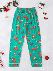 2pcs/Set Girls & Teens Casual Cartoon Christmas Deer Print Lapel Long Sleeve Cardigan And Pants Pajama Set, Flame Retardant, Suitable For All Seasons & Christmas - Green - View 8