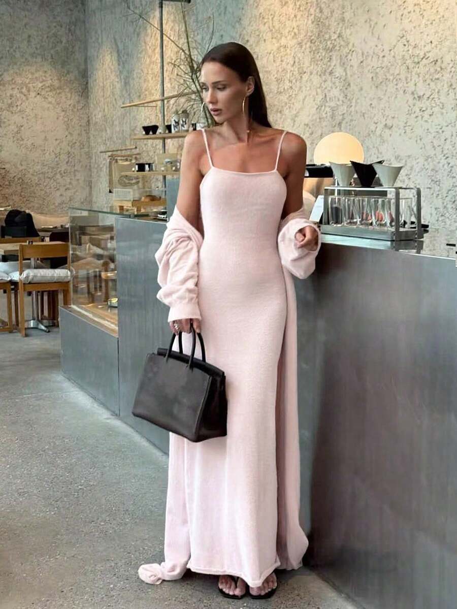 2026春夏新款女装纯色休闲优雅街头返校季罗纹吊带修身垂褶长款连衣裙搭配长袖开衫两件套，女士休闲装、情人节连衣裙、派对连衣裙、春季女装、Y2K风格、邮轮度假装、演唱会服装、节日服装、度假服装、街头服饰 - 粉色 - 查看 1