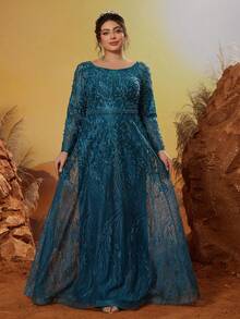Anpoket New Arrival Round Neck Embroidery Contrast Lace Hot Fix Nailed Bead Long Sleeve Evening Dress - Teal Blue - View 1