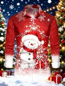 Men's Christmas Theme Long Sleeve Shirt, Red Snowman & Snowflake Print, Turndown Collar Button Front Long Sleeve Casual Festive Shirt For Christmas Party