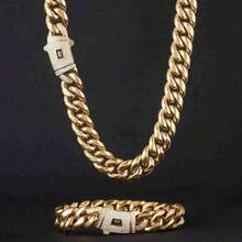 Stainless Steel Cuban Bracelet Or Necklace Men Hip Hop 18K Gold Miami Curb Cuban Link Chain With Spring CZ Clasp - Golden - 查看 2