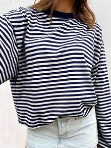 Striped Contrast Ribbed Long Sleeve Loose Women Tops