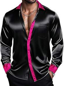 Mens Satin Silk Shirts Long Sleeve Designer Dress Shirt Shiny Untucked Casual Button Down Shirt Party Disco Formalhalloween - 緞面黑色和亮粉色 - 查看 1
