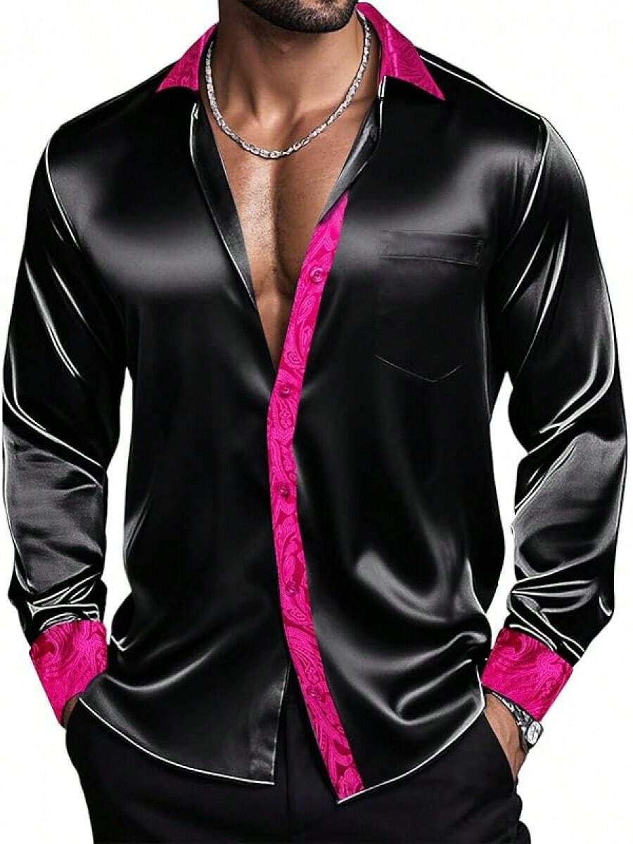 Mens Satin Silk Shirts Long Sleeve Designer Dress Shirt Shiny Untucked Casual Button Down Shirt Party Disco Formalhalloween - 緞面黑色和亮粉色 - 查看 1