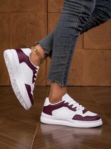 女式户外休闲简约酒红色低帮系带圆头厚底轻便舒适滑板运动鞋，适合所有季节 - 酒紅色 - 查看 5