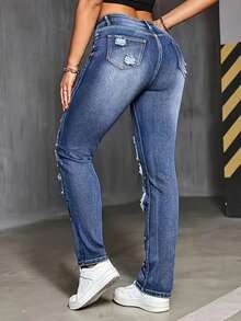 Casual Women's Long Jeans In Denim With Ripped Details And American Flag Embroidery High Stretch Straight Leg Fit - Màu xanh lam - Xem 3