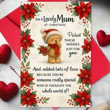 1pc Christmas Card For Mom - Cute Teddy Bear & Floral Wishes With Poinsettias & Holly, Heartfelt Message From Son Or Daughter, Special Gift For Mother - Red & Green Holiday Greeting Card With Golden Bow & Snowflakes, Sentimental Keepsake For Mum, Festive Bear Design With Red Poinsettias & Green Foliage, Perfect For Christmas Celebrations,