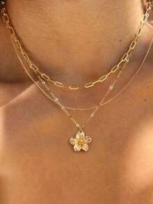 3pcs Elegant Floral Chain Necklace Set For Women, Suitable For Vacation, Date, Party, Christmas, Halloween, Daily Wear - Yellow Gold - View 14