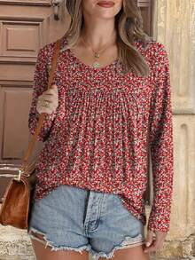 Camiseta casual de manga larga con estampado floral y de lunares para mujer talla grande, primavera/otoño - Rojo - Ver 3