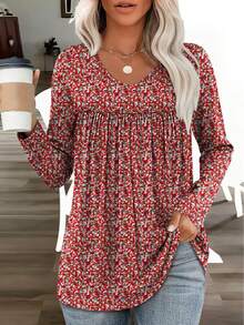 Camiseta casual de manga larga con estampado floral y de lunares para mujer talla grande, primavera/otoño - Rojo - Ver 1
