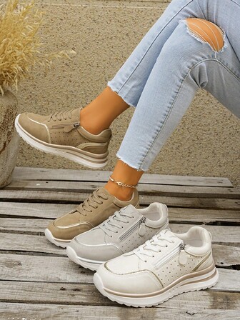 Zapatillas casuales con cordones y cremallera lateral hechas a mano en estilo vintage para mujeres, con parte superior sintética, forro de tela transpirable y suela de goma duradera, adecuadas para uso casual, al aire libre, senderismo, caminata y uso diario, con forro transpirable