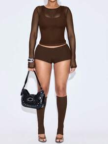 女士性感半透明棕色两件套，圆领设计，中等弹力面料，适合春季派对穿着 - 棕色 - 查看 10