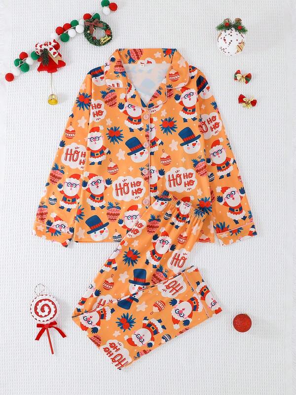 Set de 2 piezas de pijama informal con estampado de Papá Noel de manga larga con cuello y pantalones para niños y adolescentes, retardante de llamas, adecuado para Navidad y todas las estaciones