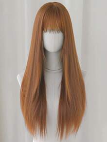 [Heat Resistant Synthetic Wig] Heat Resistant 28inch Long Straight Synthetic Wig With Bangs - Natural Looking Soft Hair For Daily Wear, Cosplay, Halloween, Music Festivals, And Christmas Events - Women's Fashionable Black - Brown - View 5