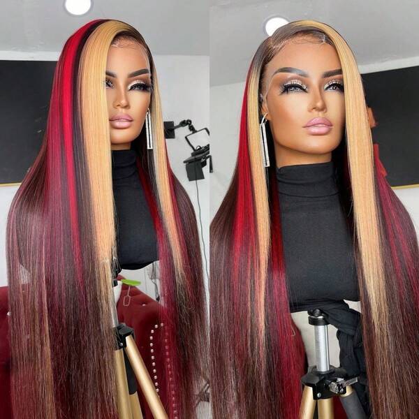 Highlight Red Blonde Wavy Lace Front Human Hair Wig 13X4 Transprent Big Lace P1b/Red #27 Body Wave Skunk Stripe Long Hair Foromen Pre Plcuked Natural Hairline Date Party Cosplay Halloween