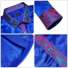Mens Satin Silk Shirts Long Sleeve Designer Dress Shirt Shiny Untucked Casual Button Down Shirt Party Disco Formalhalloween - 緞面青藍色 - 查看 6