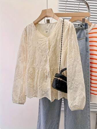 ii 休闲通勤优雅刺绣纯色衬衫